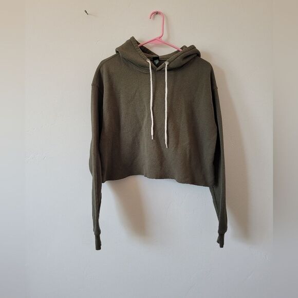Cropped Hoodie Olive Army Green Cozy Oversized Boxy Cotton Loungewear Medium - Picture 5 of 9
